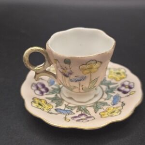 Fine Bone China Teacup & Saucer Pink Yellow Blue Wild Flowers